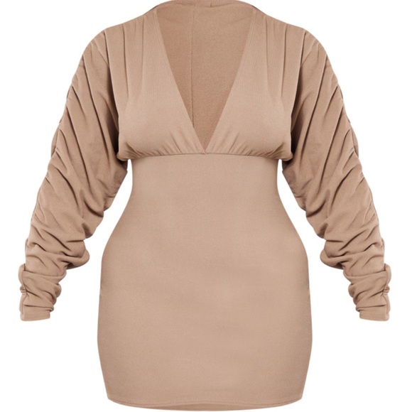Prettylittlething Taupe Soft Rib Plunge Ruched Sleeve Bodycon Dress Size 8 - Picture 2 of 7